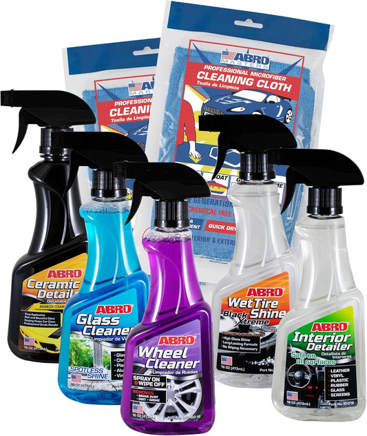 Car Detailing Kit, Includes Streak Free Glass Cleaner, Wheel Cleaner, 2 Mircofiber Cleaning Towels, Interior & Exterior Wash